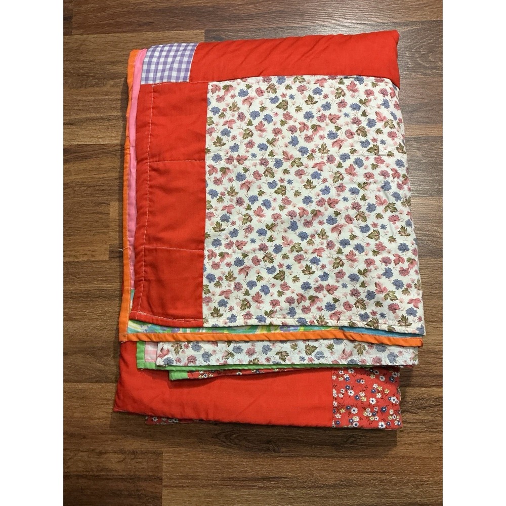 Thin Scrappy Patchwork Vibrant Quilt 84in X 62in Farmhouse Style